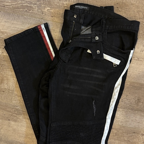 Balmain Men's Black Skinny Jeans with Red and White Stripes - Picture 1 of 8